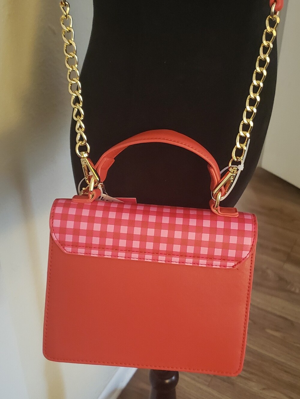Betsey Johnson Red & Pink Gingham Top-Handle Satchel with Gold Chain - Picture 7 of 12